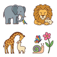 Obraz premium Cute Animal Characters Set Featuring Elephant with Bird, Lion with Rabbit, Giraffe with Alpaca, and Snail with Butterfly Vector Illustration