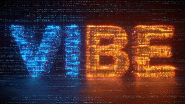 Stunning photo of vibe Coding text glowing in blue and orange neon on a digital futuristic background of code.