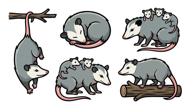 Opossum set with babies and climbing poses wildlife illustration isolated on white background