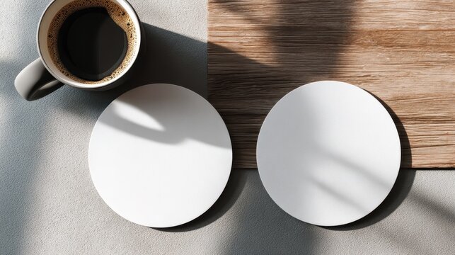 Stunning photo of two white coasters mockup for design presentation, top view on table with coffee cup.