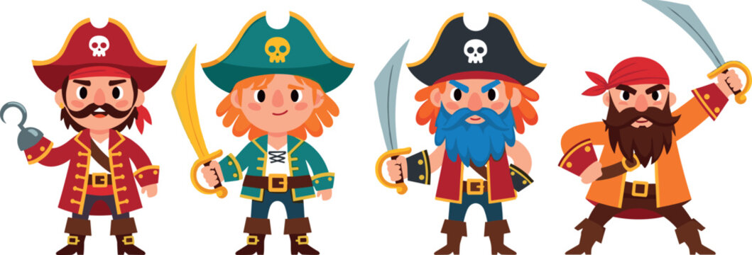 Cartoon Pirate Character Collection Featuring Brave Captain with Hook Hand, Sword Fighting Crew, Blue Bearded Buccaneer, and Sea Adventurer Mascots for Children