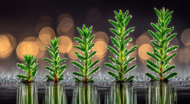 Growth Stages of Rosemary Cuttings in Test Tubes with Bokeh Background.