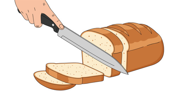 Hand holding a long knife and slicing a loaf of fresh brown bread into even pieces, depicting baking, breakfast, and food preparation.