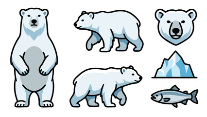 Obraz premium Polar bear icon set with walking standing head fish and iceberg