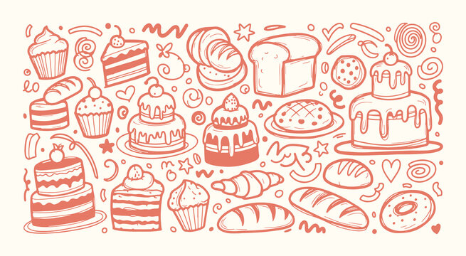 Artisan bakery and celebration cake doodle set with bread loaf croissant and donut line art