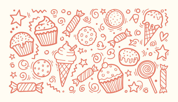 Playful sweets and candy doodle art with cupcake ice cream cookie and lollipop line illustration