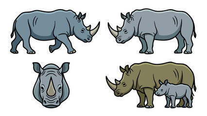 Rhinoceros cartoon set with side view front view and mother with baby rhino © welyalfian