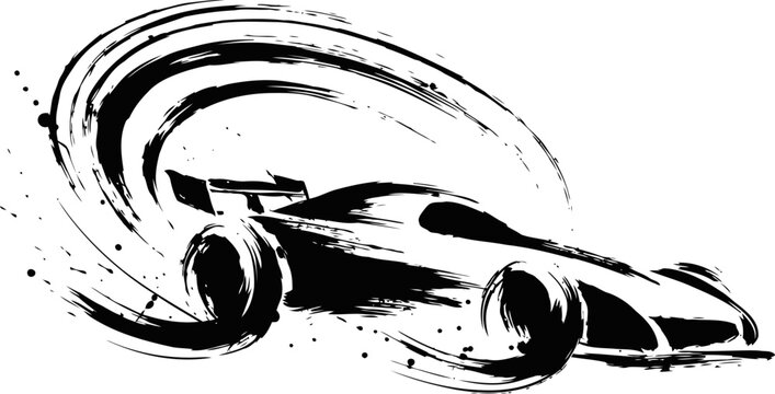 Sleek racing car sketched with dynamic ink strokes, fast motion, speed, modern design illustration