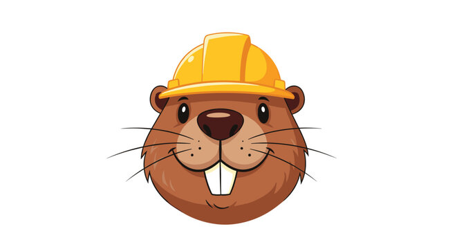 Friendly cartoon beaver face wearing a bright yellow construction hard hat with a happy expression and large front teeth on white.