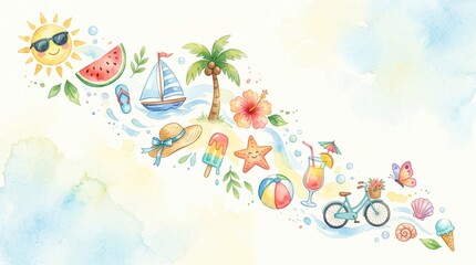 Fototapeta premium Cheerful summer items for a perfect vacation with sun, sea, and tropical fun