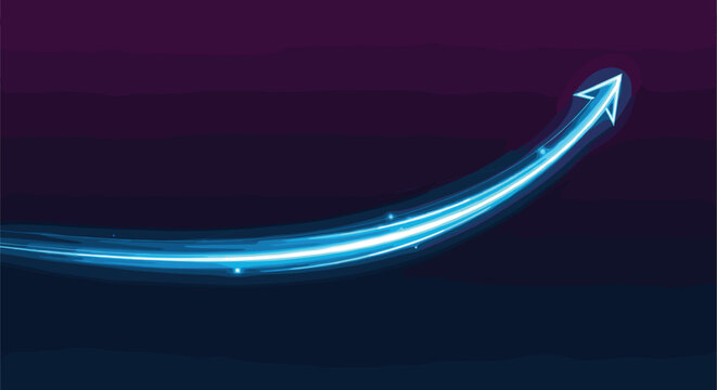 Glowing neon arrow swoosh upward curve light trail motion effect futuristic energy streak dynamic direction growth concept vector illustration