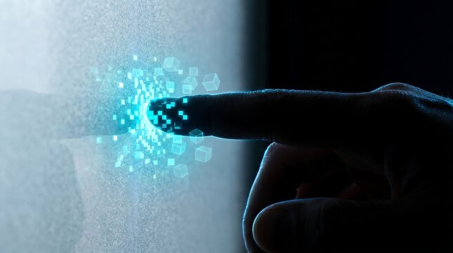 Human fingertip touching a glass surface and dissolving into glowing cyan neon pixels and digital cubes, representing biometric authentication, digital transformation, and human-machine interface tech