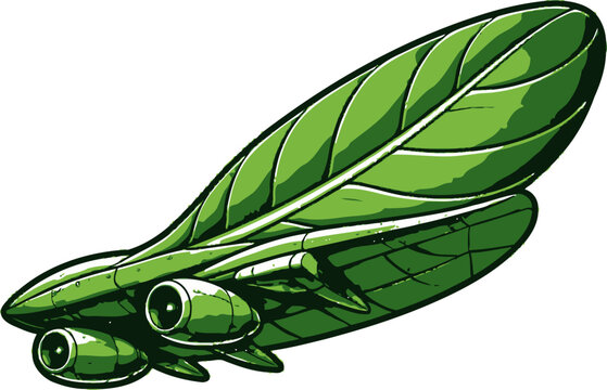Spinach leaf shaped like a futuristic aircraft with engines and wings, organic design fused with technology, vector illustration