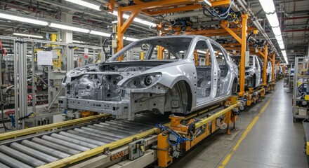 Fototapeta premium Car body frame on conveyor in industrial factory. Automobile production line with unfinished car. Modern manufacturing technology concept.