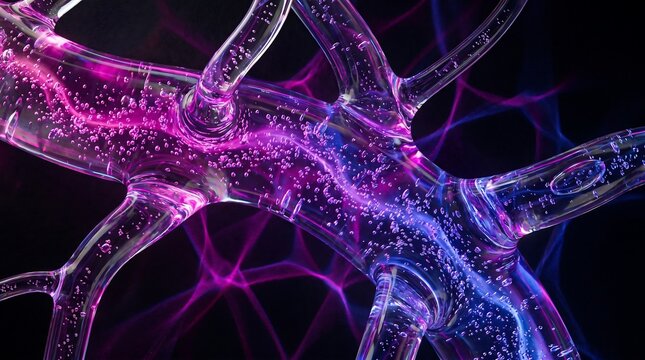 Macro view of transparent glass veins filled with glowing magenta and cobalt blue neon fluid, representing high-speed data flow, dynamic network connections, and futuristic information technology.