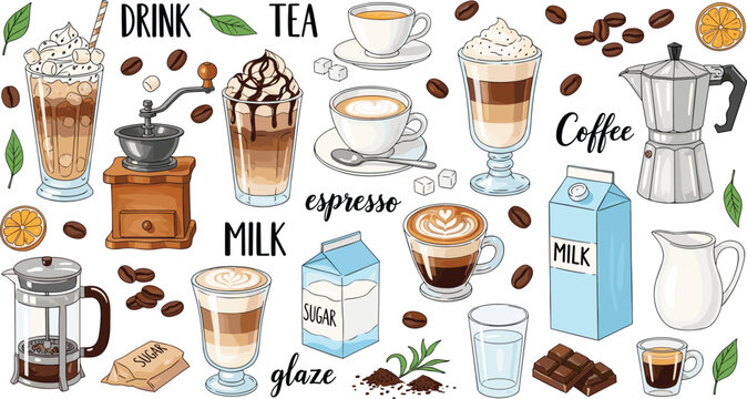 Colorful Coffee and Tea Collection Vector with Moka Pot Grinder French Press Milk Latte Espresso and Cafe Elements