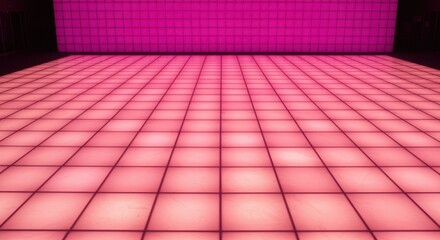 Pink illuminated square tiles on a dance floor receding toward a magenta light wall for music venue promotion, entertainment event advertising and nightlife background