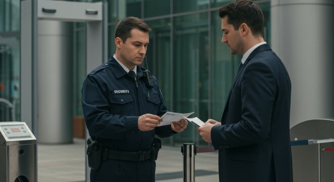 Caucasian adult man security guard checking ID document of businessman. Entry control and safety concept for protection in public or private area.