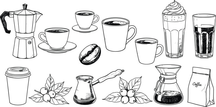 Black and White Coffee Elements Collection Vector with Moka Pot Turkish Cup Chemex Bean Plant and Cafe Elements