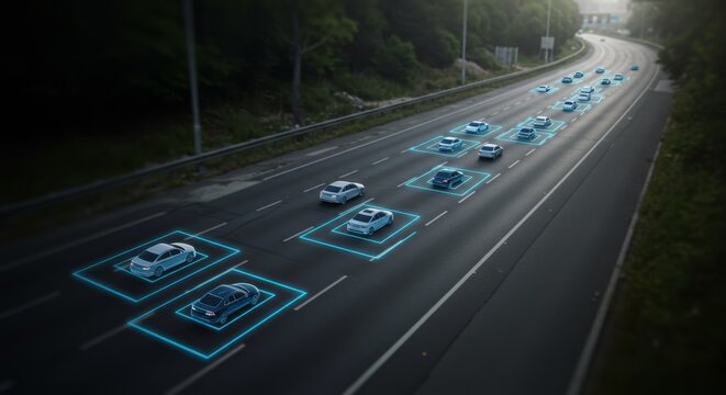 Autonomous car system on highway. Self-driving vehicle with navigation technology for future transportation. Safety driving concept.