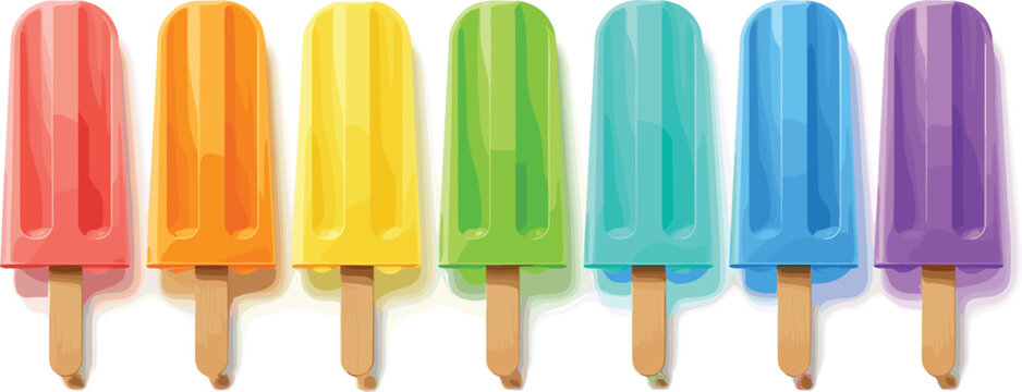 Rainbow colorful popsicles collection glossy frozen ice cream sticks summer dessert set vibrant fruity flavors vector illustration isolated