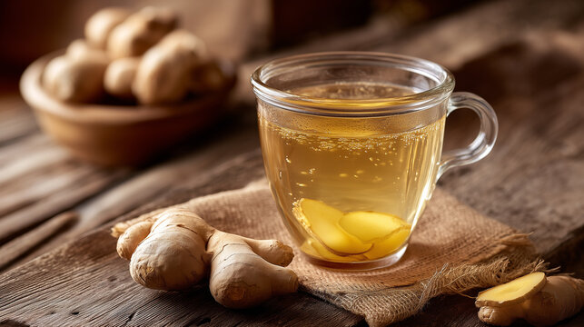 Warm ginger tea in glass cup with fresh ginger root on rustic wooden table in cozy natural wellness setting