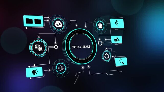 Advanced digital infographic visualizing artificial intelligence integration in technology, featuring neural networks and data processing.