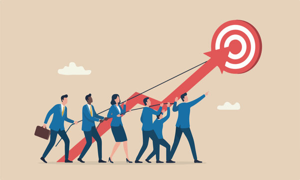 target concept, group of businessmen and women office workers help and support to pull arrow rising up