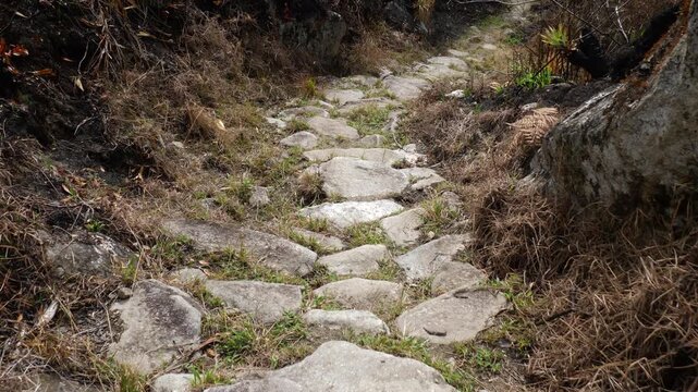 Walking along a remnant of an Inca Road in Ecuador. In the Rio Verde Chico Valley near Banos in the Ecuadorian Andes. Only a few sections of this presumably Inca stonework remain on this trail.