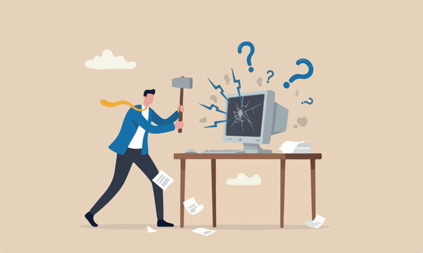Frustration computer problem or tech failure, stressful or anxiety from overworked or disappointment and mistake concept, frustrated businessman hitting to computer with hammer