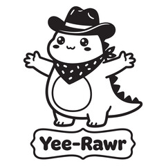 Funny Kawaii T-Rex Dinosaur Wearing a Western Cowboy Hat and Bandana Yee-Rawr Pun Typography Vector Illustration Hand Drawn Line Art Graphic Design for Trendy Country Rodeo T-Shirt Print and Decal © RenderRoots