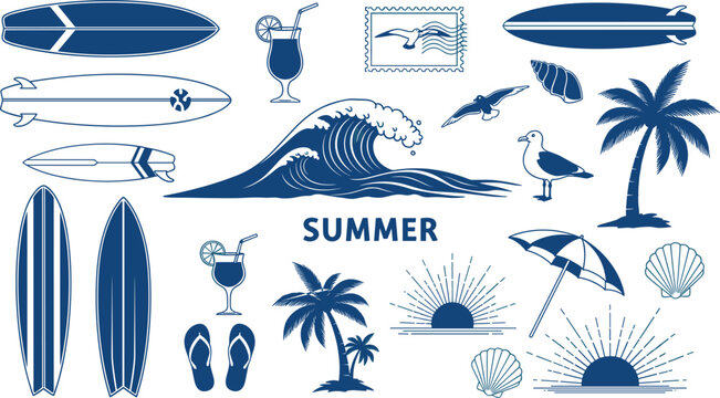 Summer beach icons set surfboards waves palm trees cocktail seagull seashell umbrella sunset tropical vacation vector illustration collection