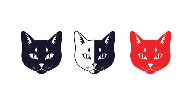 Set of three stylized cat head icons in solid black, half black and white, and solid red colors for graphic design.