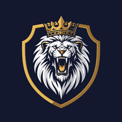 Obraz premium Majestic White Lion King with Golden Crown and Shield Emblem
