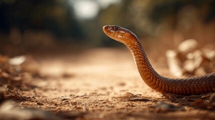 Fototapeta premium Close-Up of a Brown Snake Slithering on a Dusty Path in Natural Environment