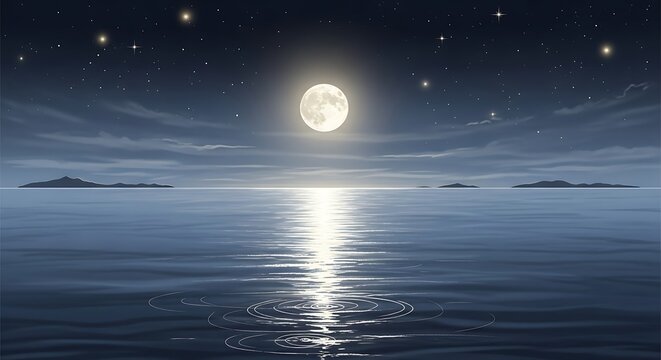 Nighttime ocean scene with full moon reflecting on water surface and stars