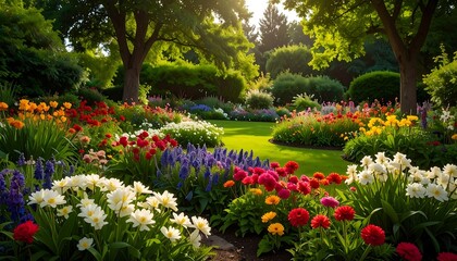 Obraz premium Lush garden blooms in sunlight, featuring diverse floral colors and verdant foliage, creating peaceful scene