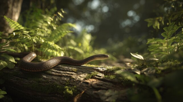 Serene Forest Scene Featuring a Slithering Snake Amidst Lush Greenery and Sunlit Ferns in Nature's Embrace