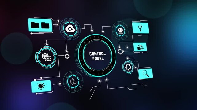 Futuristic CONTROL PANEL dashboard HUD interface, centralized command with networked cloud, server, and secure system icons.
