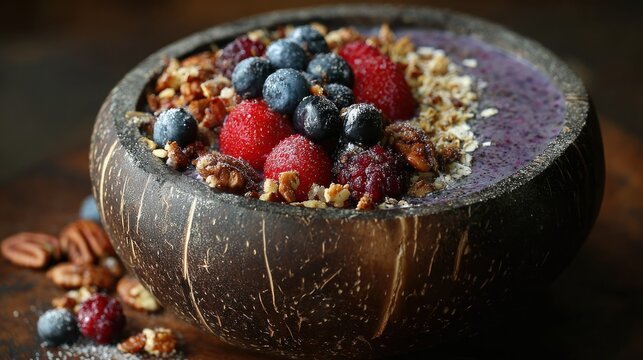 Nutrient dense smoothie mixture rests attractively inside a natural shell container