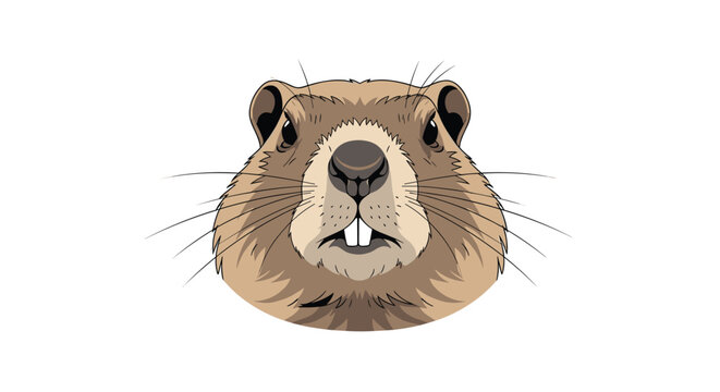 Close up portrait of a groundhog head showing its prominent front teeth and whiskers against a clean white background.
