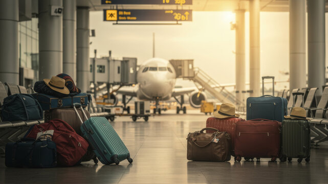 Pile of luggage at airport gate with airplane in background. Travel and holiday concept. Passenger baggage ready for departure or arrival.