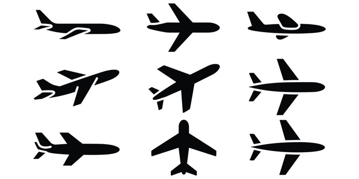 Collection of various airplane silhouettes in different flying positions and angles