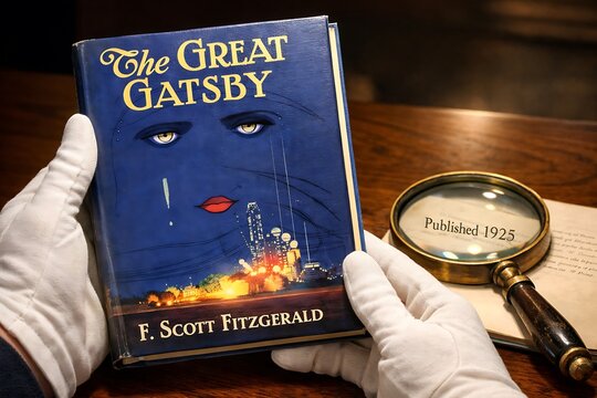 The Great Gatsby Novel with Iconic Cover, Magnifying Glass, and 1925 Publication Date