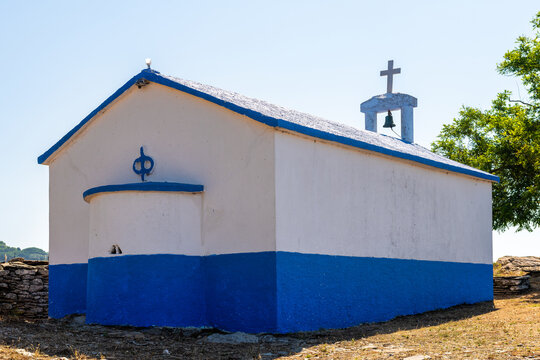 Greek orthodox church small chapel in Perdiki mountain village on Ikaria island, Greece longevity blue zone