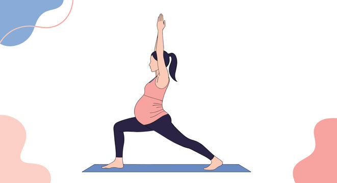 Healthy pregnant woman practices a yoga warrior pose on a blue mat to maintain fitness and wellness during her pregnancy journey.