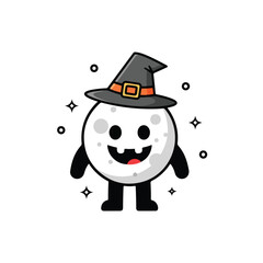 Obraz premium A cute cartoon moon character wearing a witch's hat, smiling joyfully with craters on its surface and surrounded by sparkling stars.