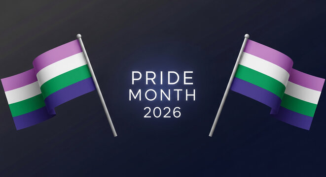 Two genderfluid pride flags waving against a dark background with the text "Pride Month 2026", symbolizing visibility and celebration of identity.