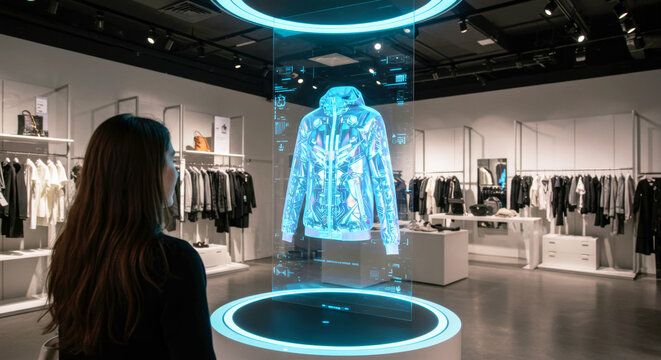 Woman looking at a holographic jacket display in retail store. Innovative fashion technology for future shopping experience and virtual try-on.
