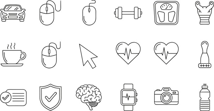 Outlined black and white business productivity lifestyle icons set with car computer mouse dumbbell trophy coffee brain camera smartwatch